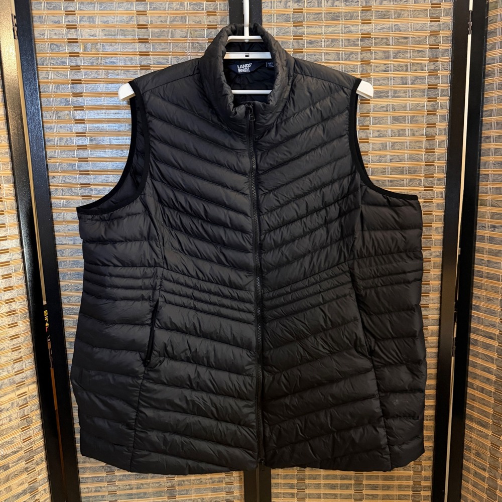 Lands' End Puffer Vest Women 3X Black Down Filled Quilted Full Zip Sleeveless